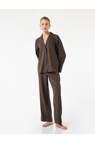 Koton Rahat Kalıp Uzun Kollu Gömlek Yaka Saten Pijama Üstü Kahverengi 6wlk50027mw Kahve