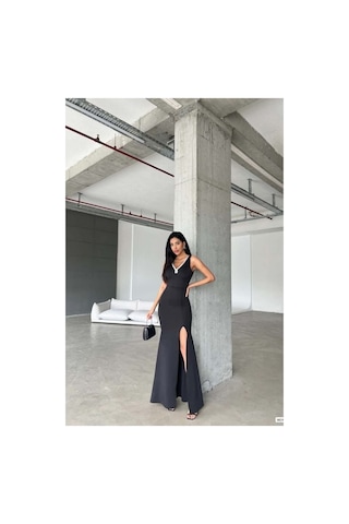Lior Design Kadın Vintage V Yaka Yırtmaçlı Maxi Abiye Elbise Siyah