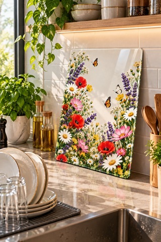 Gökçeoğlu Cam Kesme Tahtası Çiçek Bahçesi Temalı - Cam Kesme Tablası 30cm X 40cm Çok Renkli