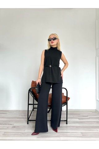 Keymoda Kadın Dik Yaka Bağcıklı Pantolon Takım Siyah Siyah