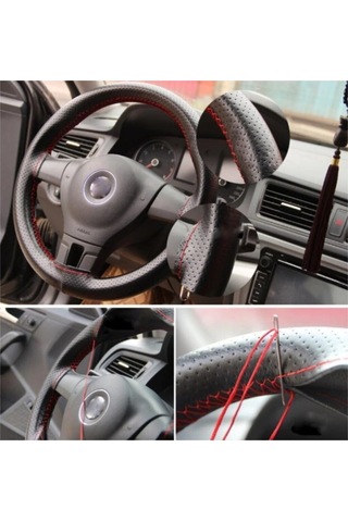 Direksiyon Kılıfı Deri Dikişli Yumuşak Kokusuz Dikmeli Noktalı - Kırmızı