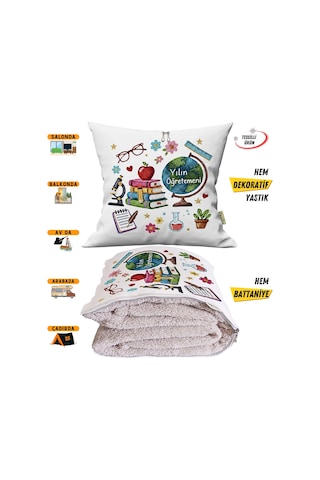 Öğretmenler Günü Hediyesi Punch Baskılı Tv Battaniyesi Olabilen Dekoratif Yastık Kırlent Battaniye Çok Renkli