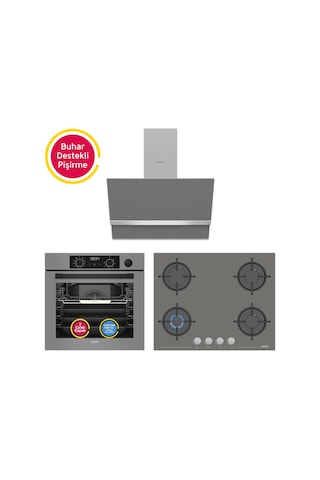 Simfer 11 Fonksiyon Steam Master Gri 3'lü Ankastre Set (8246 Fırın + 3656 Ocak + 8740 Davlumbaz)