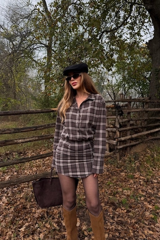 Kahverengi Ekose Gömlek Elbise - 4989 Kahverengi