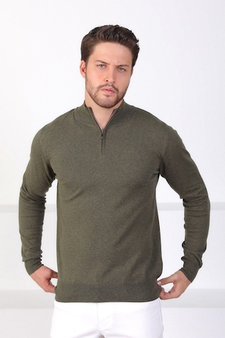 Ferraro Haki Dik Yaka Düz Renk Pamuk Erkek Kazak Haki