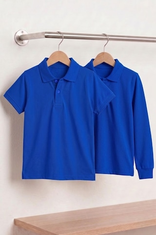 Nacar Store Unisex Çocuk Uzun Ve Kısa Kollu Polo Yaka Okul Tişörtü 2'li Set Saks Mavi