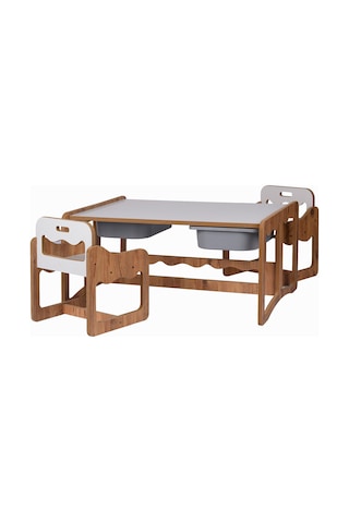 Montessori 2 Kişilik Masa Sandalye Takımı, 18mm Ceviz-beyaz Mdf, Gri