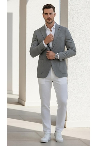 Plus Scorpion Ck089 Erkek Slim Fit Blazer Ceket Tek Düğmeli Çift Yırtmaçlı Torba Cepli Yarım Astarlı Gri