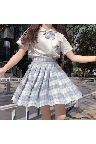 3 Adet Kadın Anime Okul Üniforması Seti Yaz Jk Kısa Gömlek Ceket Etekler Takım Elbise Açık Mavi