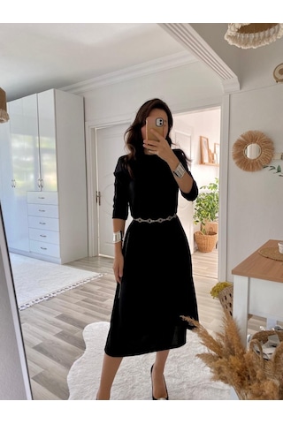 Simala Kadın Uzun Kollu Bisiklet Yaka Midi Ithal Krep Elbise Siyah