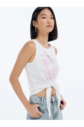 Tvoe Baskılı Yazıdan Belinde Dantel İle Bağlı Yazlık Askılı Üst 226125399 Beyaz