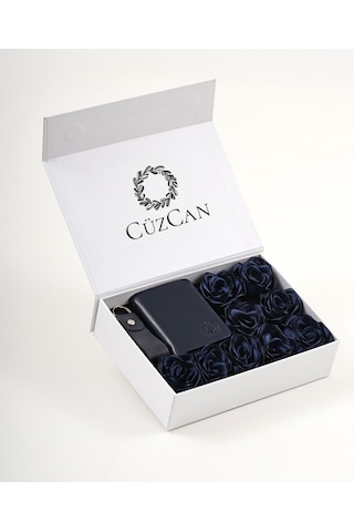 Premium Gift Rose Box - Roco Lacivert Hakiki Deri Cüzdan - Anahtarlık Ve Lacivert Gül Kutusu Lacivert
