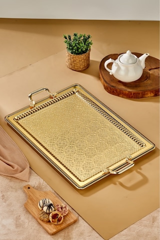 Cooker Metal Dikdörtgen Battal Boy Gold Sunum Tepsisi 60x40 Cm Ckr3544 Diğer