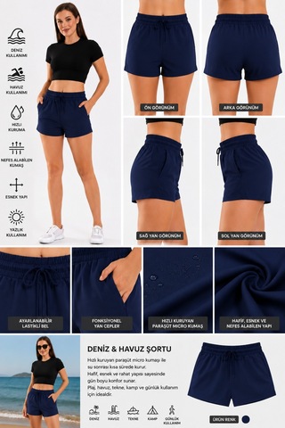 Winmoda Kadın Havuz Deniz Şortu Siyah Cepli Beli Lastikli Lacivert