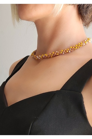 Etnik Bohem Sarmal Dönmeli Model Kristal Sarı Kristal Boncuk Kolye Sarı