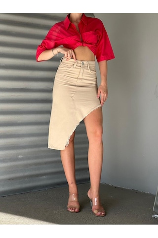 Shevega Kadın Beyaz Etek Püskül Asimetrik Kesim Keten Etek Bej