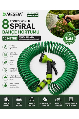 Meşem 8 Fonksiyonlu Spiral Bahçe Hortumu 15 Mt Esnek Tasarım İle Kolay Kullanım Sunar Kod :963