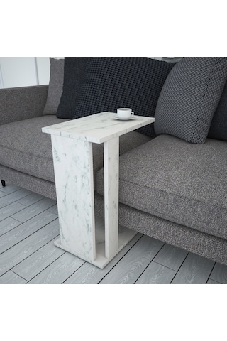 Pasific Home Single Çok Amaçlı Tekerlekli C Sehpa ,Koltuk Sehpası - Beyaz Mermer
