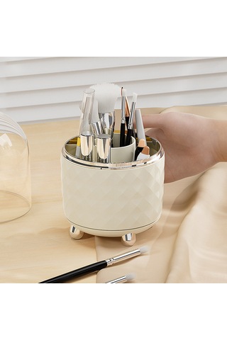 Symbee Plastik Döner Makyaj Fırçası Kutusu - 6 Bölmeli, Kapaklı, Toz Koruyucu, Masaüstü Organizer Şeffaf Gümüş Şeffaf