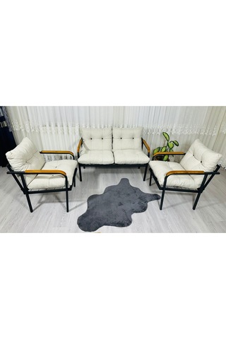 Madame Home Kalanşo Balkon, Bahçe,teras,cafe - Salon - Metal Kanepe Koltuk Takımı Çay Seti 2+1+1 Krem