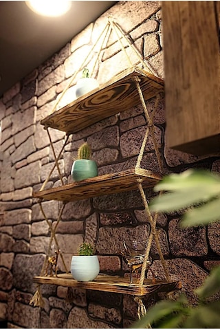 Brothers Craft Halatlı Ahşap Duvar Rafı 3 Katlı Rustik Dekoratif Raf, El Yapımı Jüt İpli Çam Raf Açık Ahşap Rengi