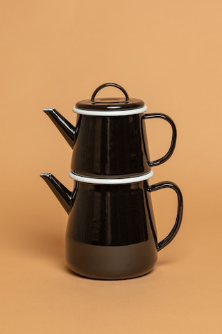 Velluto Nero Emaye Çaydanlık - 2 Li Kulplu Ve Saplı Krem Sahan Seti Siyah