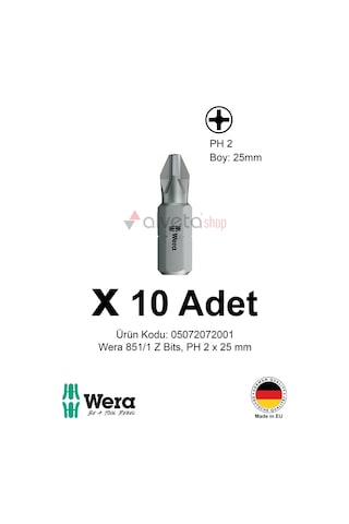 Alveta Wera 851/1 Z Ph2 X 25mm Tornavida Ucu 10 Adet Vidalama Bits Uç Seti Profesyonel Seri