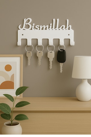 Lunoart Bismillah Yazılı Metal Anahtarlık Askılığı Siyah 6 Askılı Modern Duvar Dekoru Beyaz