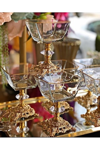 Decores Home Center 6 Adet Metal Ayaklı Gold Detaylı Magnolia-kase-dondurmalık-şekerlik Kahverengi