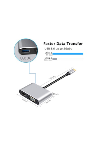 Lunatic 8053 4in1 Usb C Hdmı Vga Adaptörü, Usb C Hub, 4k Hdmı, 1080p Vga, Usb 3.0, Usb C Pd Şarj, Bütün Marka Modellere Uyumlu