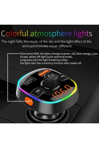 Bc52 Qc3.0 Hızlı Şarj Araba Renkli Atmosfer Işık Bluetooth Mp3 Çalar Fm Verici