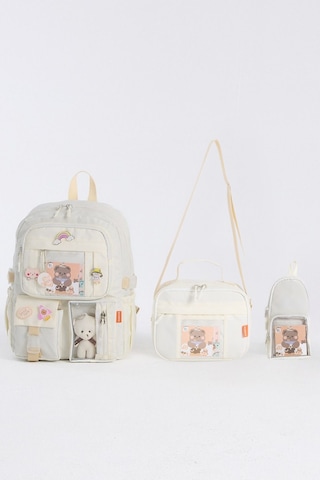 Kawaii Kore Tarzı Aksesuarlı 3'lü Set Çocuk İlkokul Çantası Kalemlikli Beslenme Çantalı Sırt Çantası Krem