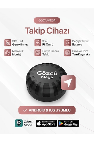 Gözcü Mobil Mega Takip Cihazı Ios Android Uyumlu Motor Araç Taşıt Gps Cihazı Su Geçirmez 5-10 Dakika Aralıklı