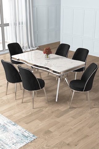 Canisa Prah Serisi 90x160 Lak Panel Beyaz Mermer Desen Krom Ayak Masa Takımı 6 Siyah Sandalye Beyaz Mermer Desen Masa Sandalyeler Siyah