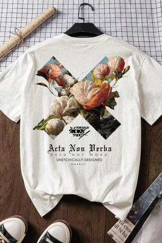 Spoyi Vintage Flower X Tasarımlı %100 Pamuk Yarım Oversize Beyaz T-mhirt