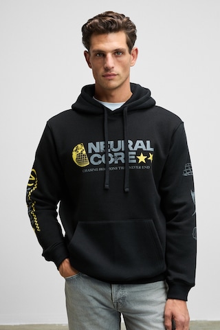 Grımelange Cornelıus Erkek Önü Ve Kolları Baskılı Kapüşonlu Kordonlu Kanguru Cepli Siyah Sweatshirt Siyah