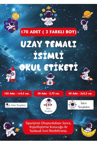 Uzay Temalı İsimli Okul Etiketi - 170 Adet Lacivert