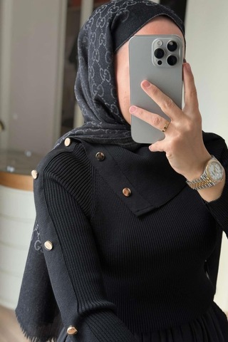 Kahijab Asimetrik Yaka Truvakar Kol Triko Bluz - Siyah