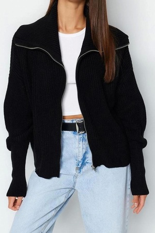 Ersefa Kadın Modern Tarz Oversize Devrik Yaka Regular Triko Hırka Siyah