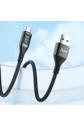 Juo 66W Dijital Led Ekranlı Örgülü Usb-a To Usb Type-c Hızlı Şarj ve Data Kablosu 2M