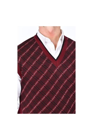 Kamalı Bordo Erkek Çelik Örgü Ekose Desenli Kalın Triko V Yaka Triko Örgü Tüylenmez Süveter Regular Bordo
