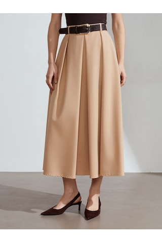 Dilvin 81074 Kemerli Pileli Midi Etek-camel