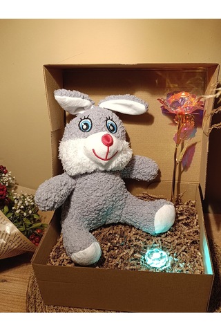 Kutulu Hediye Seti / Peluş Tavşan 30cm - Renk Değiştiren Işıklı Anahtarlık - Sonsuzluk Gülü