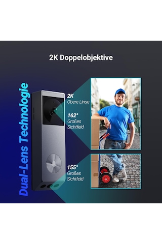 Ezvız Wlan Kameralı Görüntülü Kapı Zili, 3mp + 2mp Çift Kamera, Kişi/paket Algılama, Renkli Gece Görüşü, 2 Yönlü Ses, 32gb Dahili Hafıza, Güneş Pilli Kapı Zili %100 Kablosuz, Ep3x Pro + Chime
