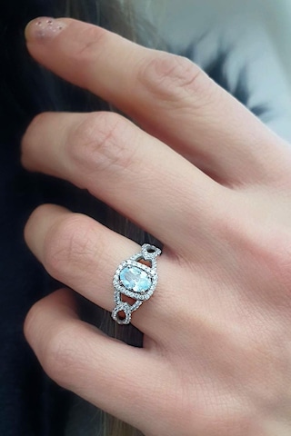 Sky Diamond Blue Aquamarin Taşlı 925ayar Gümüş Üzerine Beyaz Altın Kaplama Lüks Yüzük Altın - Gümüş