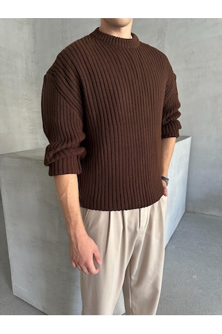 Erkek Fitilli Örme Oversize Kazak Kahverengi