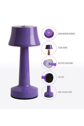Zenlight Metal Dokunmatik Şarjlı Masa Lambası 320-5 Mor