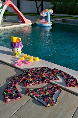 Mayom Kız Çocuk Kelebek Desenli Pareolu Bikini Takımı 3'lü Set-siyah-pembe Siyah - Pembe