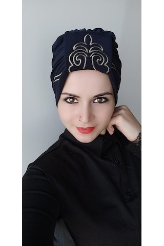 Kadın Şal Desen Işleme Çift Taraflı Bone Lacivert