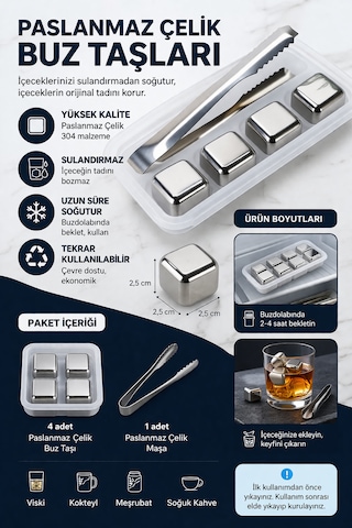 Paslanmaz Çelik Buz Taşı Seti 4 Lü Maşalı Viski Taşı İçecek Soğutucu Tekrar Kullanılabilir Gri